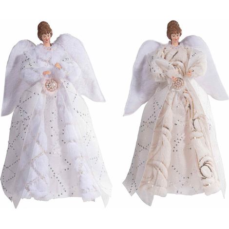 Puntale per albero di Natale ad angelo con ali e abito in ecofur, decorato con perline e paillettes, set da 2 pezzi, cm 24 x 10 x 36 H