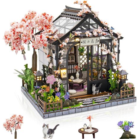 DIY-Miniaturhaus-Set für Erwachsene, Sakura-Gewächshaus  Mit LED-Beleuchtung und Mini-Möbeln, zeitloses Deko-Set, originelles Geschenk für Weihnachten, Geburtstag und Muttertag (1/5)
