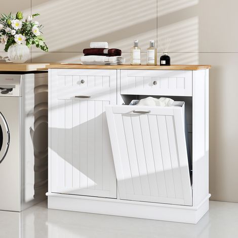 Chest of drawers for waste bin with 2 doors, cutting board, wooden worktop, and 2 drawers, white (1/5)
