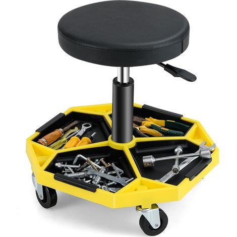 GOPLUS Tabouret d’Atelier avec 4 Roues Universelles, Haute Réglable, Tabouret Mécanique avec Rangement d’Outils, Siège Pivotant 360° pour Garage/Atelier, Charge 150 kg (Jaune) (1/5)