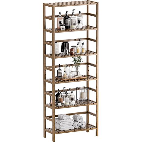 Bibliotheque 6 Niveaux, Etagere Salle de Bain Rangement Bambou avec Étagères Réglables, Support de Plantes Gain de Place, pour Salon, Bureau, Cuisine, Noyer (1/5)