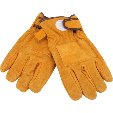 Hitzeschutzhandschuhe aus Kalbsleder und Polyester, kurze Ausführung, gelb, zum Kochen und Grillen. (1/5)