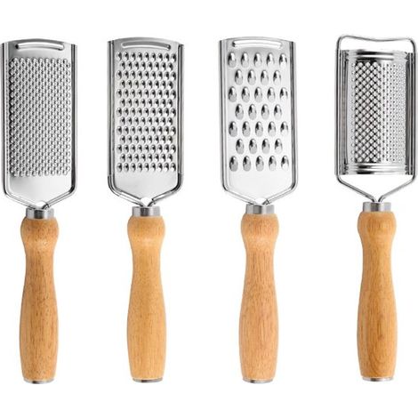 Set di 4 grattugie per formaggio: grattugia manuale per formaggio e verdure, pelapatate per limoni, macinino in acciaio inox, grattugia multifunzione, grattugia per patate, formaggio e cioccolato. (1/5)