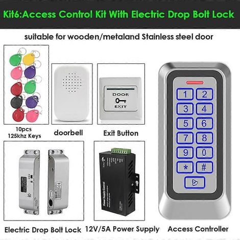Kit de contrôle d'accès RFID étanche IP67 avec clavier métallique indépendant, serrure électronique et bouton de sortie (6 pièces)