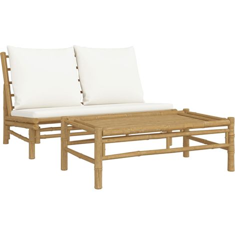 Set Salotto da Giardino 2 pz con Cuscini Bianco Crema in Bambù (1/5)