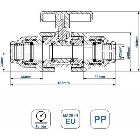 Kugelhahn für 25-mm-Wasserrohrverschraubungen – 25-mm-PN10-Kompressionsventil – Kugelhahn kompatibel mit PE80- und PE100-Polyethylenrohren – 1 Stück (1/3)