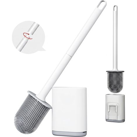 Brosse WC en Silicone avec Support, Brosse Toilette 2-en-1 Balayette WC Hygiénique Anti-Odeur Séchage Rapide Montage Mural ou Au Sol pour Salle de Bain, Blanc (1/5)