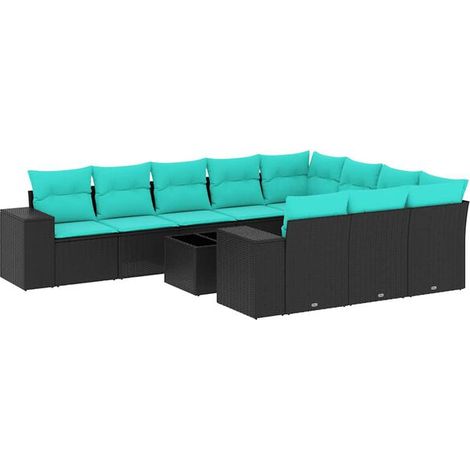 Ensemble de Canapé d'Extérieur 11 Pièces, Salon de Jardin en Résine Tressée Noire avec Coussins (1/5)