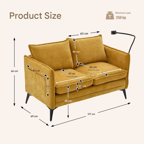 Moderno sofá de dos plazas de tela con compartimento lateral y soporte ajustable para teléfono, ideal para salón, dormitorio y balcón. (1/4)