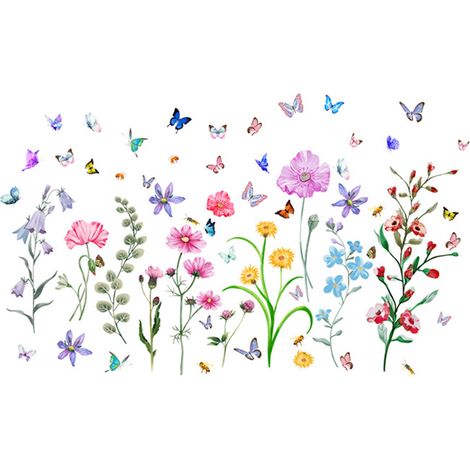 Autocollant mural fleurs et herbes d'été - Autocollants muraux fleurs de jardin - Autocollants muraux papillons floraux pour chambre
