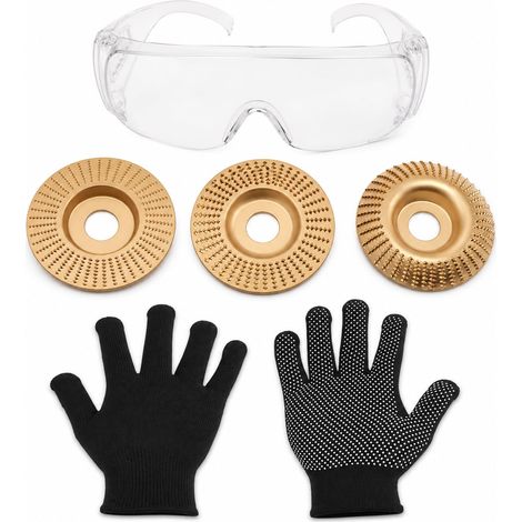 Lot de 5 disques de sculpture sur bois, meuleuse d'angle avec gants et lunettes de protection, disques abrasifs en carbure de tungstène, disque de façonnage en bois, meule émoussée pour couper les (1/5)