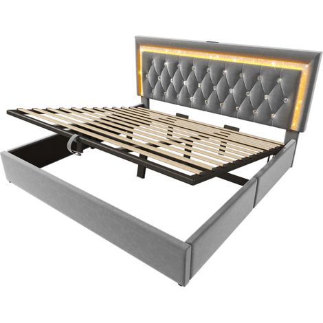 Cama tapizada 180x200 cm de terciopelo gris con LED, USB-C y almacenaje hidráulico (1/5)
