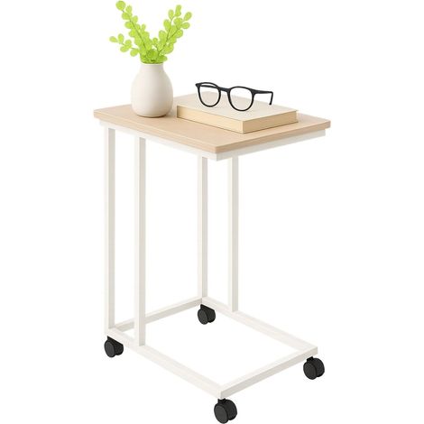 Mesa auxiliar en forma de C con ruedas - Superficie con efecto madera