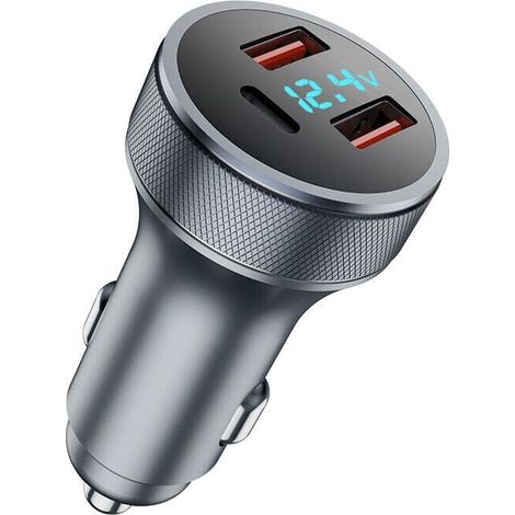Cargador USB para coche de 72 W (gris), adaptador metálico de carga rápida, doble USB 18 W QC 3.0 + 36 W PD, con voltímetro LED (1/4)