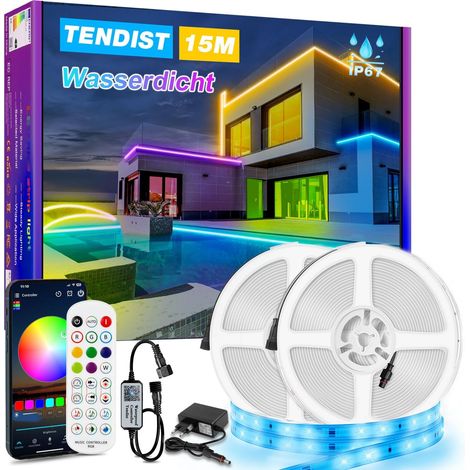 Ruban LED Extérieur 15 Mètres, Bande Lumineuse IP67 Imperméable, Ruban RGB Auto-Agriffant avec Application Intelligente, Éclairage Étanche pour Piscine, Balcon, Terrasse, Jardin, Soirée, Patio [Classe (1/5)