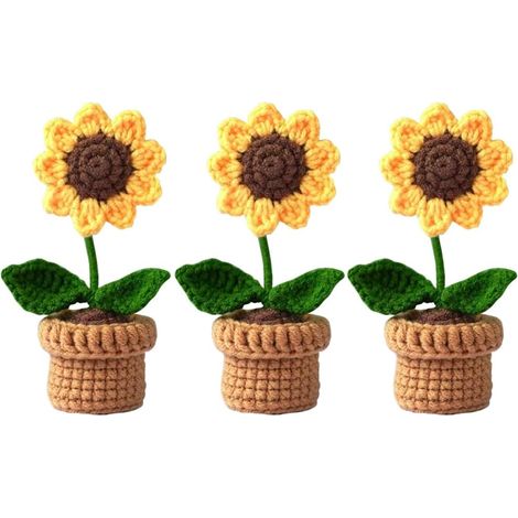 Lot de 3 mini fleurs artificielles en pot, fleurs crochetées à la main, tournesol entièrement fait main, crochetées à la main pour la maison, le bureau, le tableau de bord, la voiture, décoration, cou