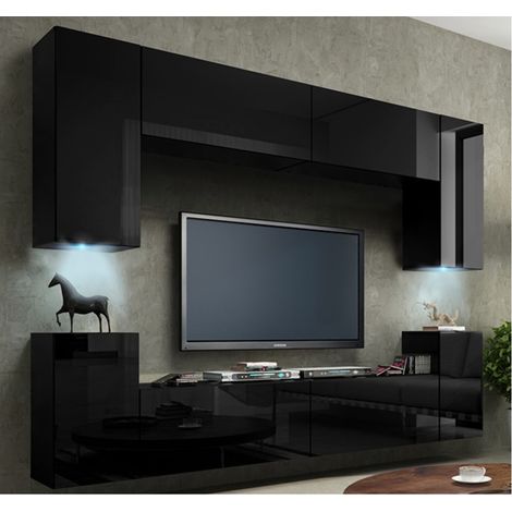 Mueble para TV colgante de 240cm colección CEPTO, 4 puertas, color negro brillante.