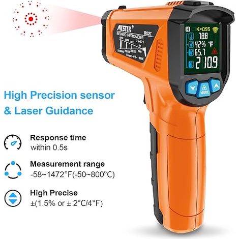 Infrared Thermometer -58°F 1.472°F Laser Digital Thermometer and Probe Gun Temperature Gun IR Non-Contact LCD Alarm and Emissivity Adjustable for Kitchen/Pizza Industrial (1/4)