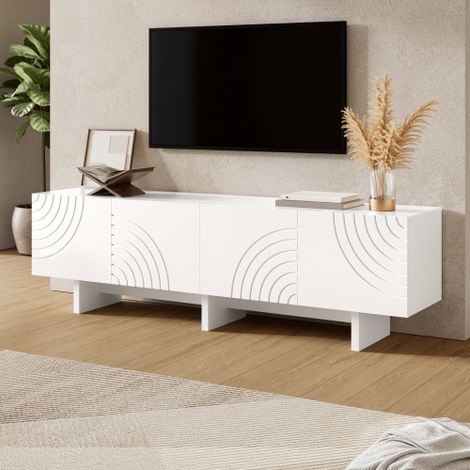 Mobile TV moderno con 4 ante e motivo ad arco geometrico, mobile TV basso bianco con frontali decorativi a rilievo e divisorio centrale, mobile TV con vano contenitore per il soggiorno (1/5)