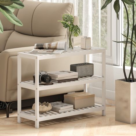 Scaffale portascarpe in bambù bianco, 3 ripiani aperti, 70 x 26 x 55 cm (1/5)