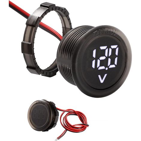 5V-100V Voiture DC Numérique LED Voltmètre Affichage Étanche, Voltmètre Circulaire à Deux Fils, avec Protection Anti-connexion, pour Moto Bateau Camion, Blanc (1/5)