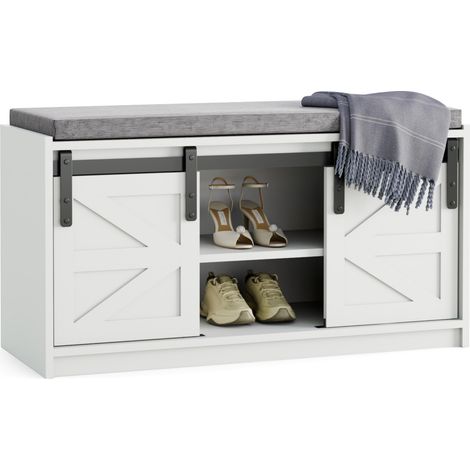 Banc à Chaussures avec Porte de Grange Coulissante, Meuble à Chaussures avec Coussin Rembourré, pour Entrée Couloir Chambre, 90 x 45 x 35 cm, Blanc (1/5)