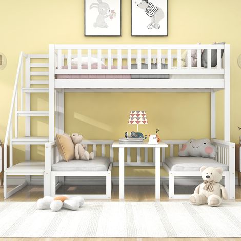 Litera infantil con 1 mesa ajustable y 2 sofás de madera, multifuncional, blanca, 90/120x200 cm (1/5)