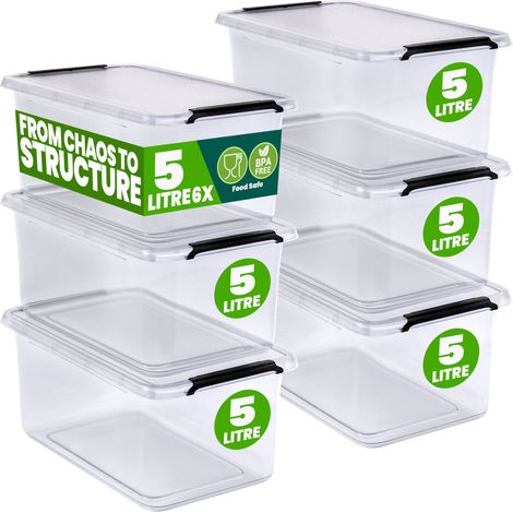 DEUBA® Storage Box With Click Closure Secure Lid  2 Litre and 5 Litre  BPA Free Food-Safe Plastic Boxes  Small Stackable Transparent Organisers for Kitchen Bedroom Garage Office  6x 5L (de)