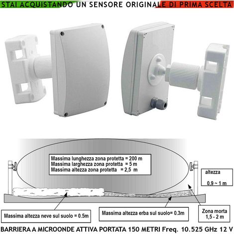 Barriera Microonde Attive Sensore Orientabile Segnala Allarme Passaggio Intruso Protezione Lineare da Esterno Portata Max L150X∅4 Metri Collegamento Antifurto Via Filo Alimentazione 12V Freq.10525 GHz (1/4)
