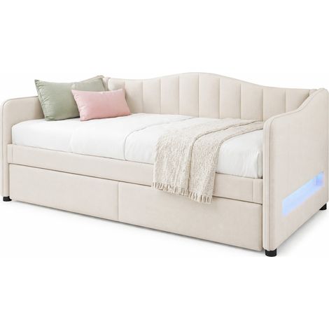 Letto singolo 90x200 con letto estraibile e LED, daybed in tessuto beige con testiera, struttura in MDF, salvaspazio per camera e ospiti CHICFURN (1/5)