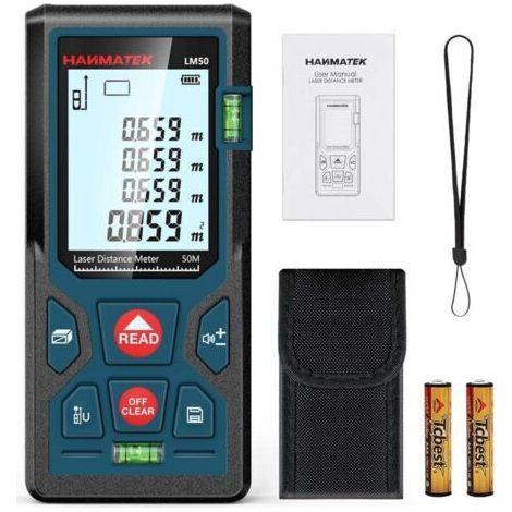 Telémetro láser digital LM50 de 50 m, medición de longitud/área/volumen/teorema de Pitágoras con retroiluminación LCD, IP54 (1/5)