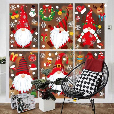 9 feuilles de décorations de Noël autocollantes pour fenêtre, motif lutin et gnome, à coller sur les murs pour les fêtes et la décoration intérieure. (1/4)