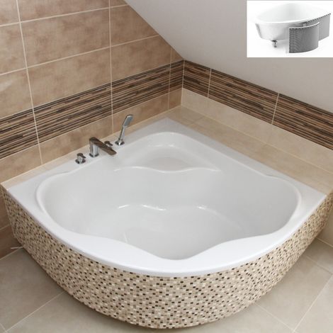 ECOLAM Badewanne SELMA 150 x 150 cm + Styropor Verkleidung direkt verfliesbar Eckbadewanne Acrylwanne symmetrisch