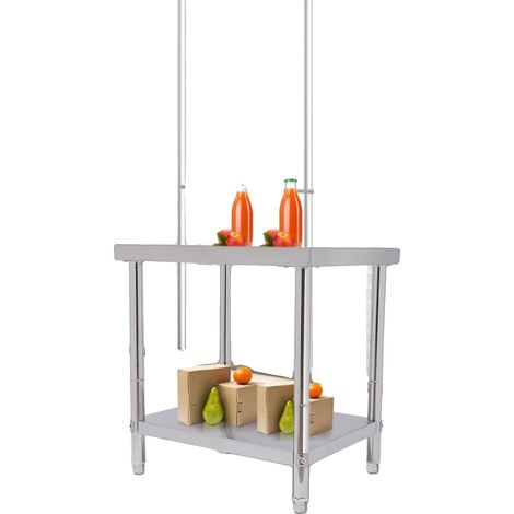 Table de travail, acier inoxydable 201, dimensions 766080cm, capacité de charge 400kg, 2 niveaux, hauteur des pieds réglable 1cm (1/5)