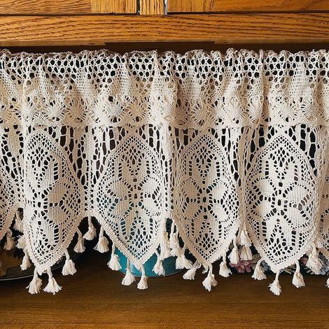 Rideaux rustiques au crochet, adaptés aux cuisines et aux petites fenêtres, avec pompons, parfaits pour la décoration de café, 90x38 cm. (1/5)