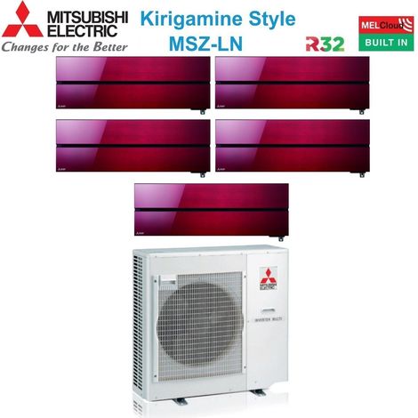 Climatizzatore Condizionatore Mitsubishi Electric Penta Split Inverter serie Kirigamine Style MSZ-LN 9+9+9+9+12 con MXZ-5F102VF Ruby Red R-32 Wi-Fi Integrato Colore Rosso 9000+9000+9000+9000+12000