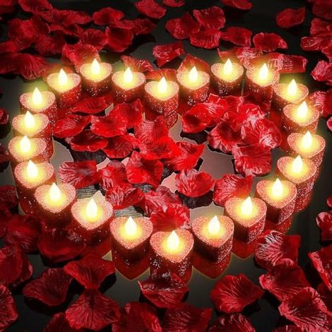24 Stück helle romantische Herz kerzen mit künstlichem Rosenblatt - Romantische Dekorationen, flammenlose romantische Liebeskerze für die Hochzeitstisch zum Valentinstag Deko (Style 2) (1/5)