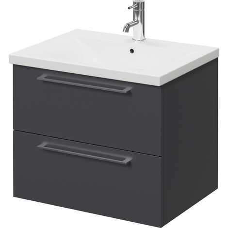 Napoli 460 Gloss Grey 600mm Wall Mounted 2 Drawer Vanity Unit with Glide Basin - 600mm - Chrome 320mm Handle