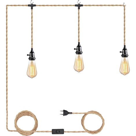 Kit de Lustre Corde de Chanvre Vintage Cable Suspension Luminaire avec Interrupteur et Prise EU DIY 3-Flamme Suspension Lampe Textile Câble Corde E27 Décor Eclairage Chambre Salon Cuisine Manger Loft (1/5)