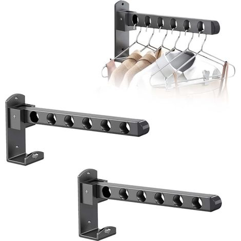 Zwei klappbare Kleiderbügel, 6 Löcher, zur Wandmontage, mit klappbaren Wandhaken, Wandkleiderständer (grau). (1/5)