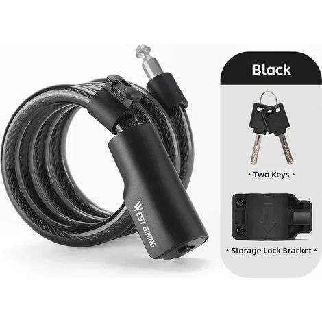 Antivol de vélo portable (noir) avec 2 clés, étanche à l'eau et à la poussière, cadenas à fil (1/5)
