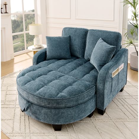 MODFU – Sofá cama 2-en-1 con puff de almacenamiento, conversión manual y estructura de madera de eucalipto – Azul (1/5)