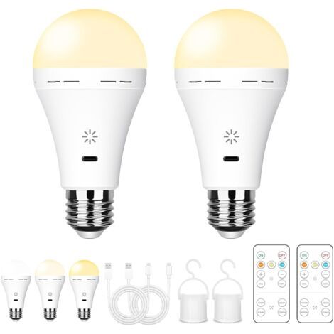 Ampoule Rechargeable USB Avec Télécommande, 3 Températures de Couleur, E27 LED Dimmable à Batterie, 5W Touch Control Avec Minuterie, Secours Avec Crochet, 2600mAh, 2 Pack