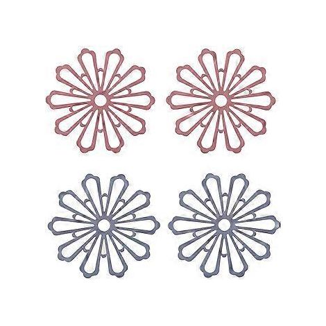 4 Silikon-Untersetzer, verdickte, hohle Tischsets mit Blumenmuster (Rot, Grau)