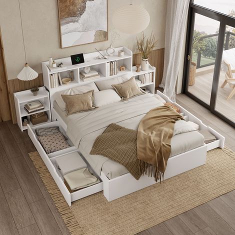 Lit adulte 140x200cm lit double 2 personnes 4 Tiroirs 2 Tables Chevet Rétractables Tête de lit rangement USB cadre à lattes Design multifonctionnel moderne
