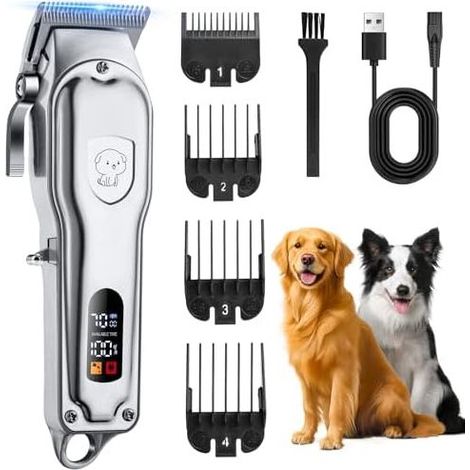 Professioneller, kabelloser Hunde- und Katzenhaartrimmer für langes, dickes Fell mit LCD-Bildschirm, leistungsstarker Haartrimmer für langes, verknotetes Fell, Silber