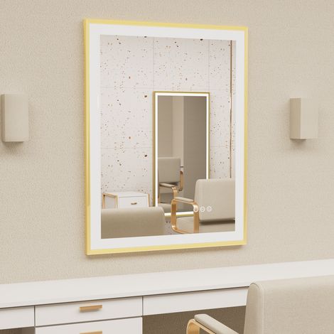 Gold Aluminium Alloy Frame Illuminated LED Bathroom Mirror Living Room Wall Mirror, 800x600mm (1/5)