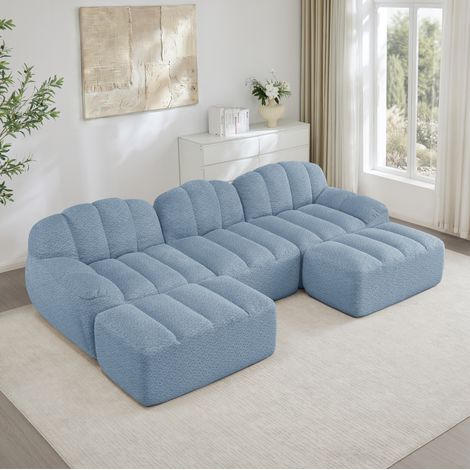 Divano modulare a U a 3 posti con 2 pouf, schiuma 32D, tessuto morbido blu (1/5)