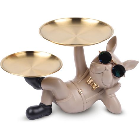 Statue de Bouledogue Français avec Double Plateau de Rangement en Résine - Vide-poches Original, Tirelire Cachée et Décoration de Table Moderne - Marron (1/5)