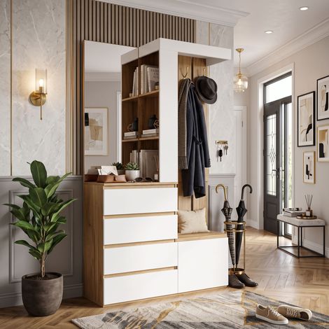 Creahappy Meuble d'Entrée Vestiaire 100x35x180 cm - Miroir 4 Tiroirs et Banc Rangement Chaussures - Style Moderne Bois et Blanc (1/5)